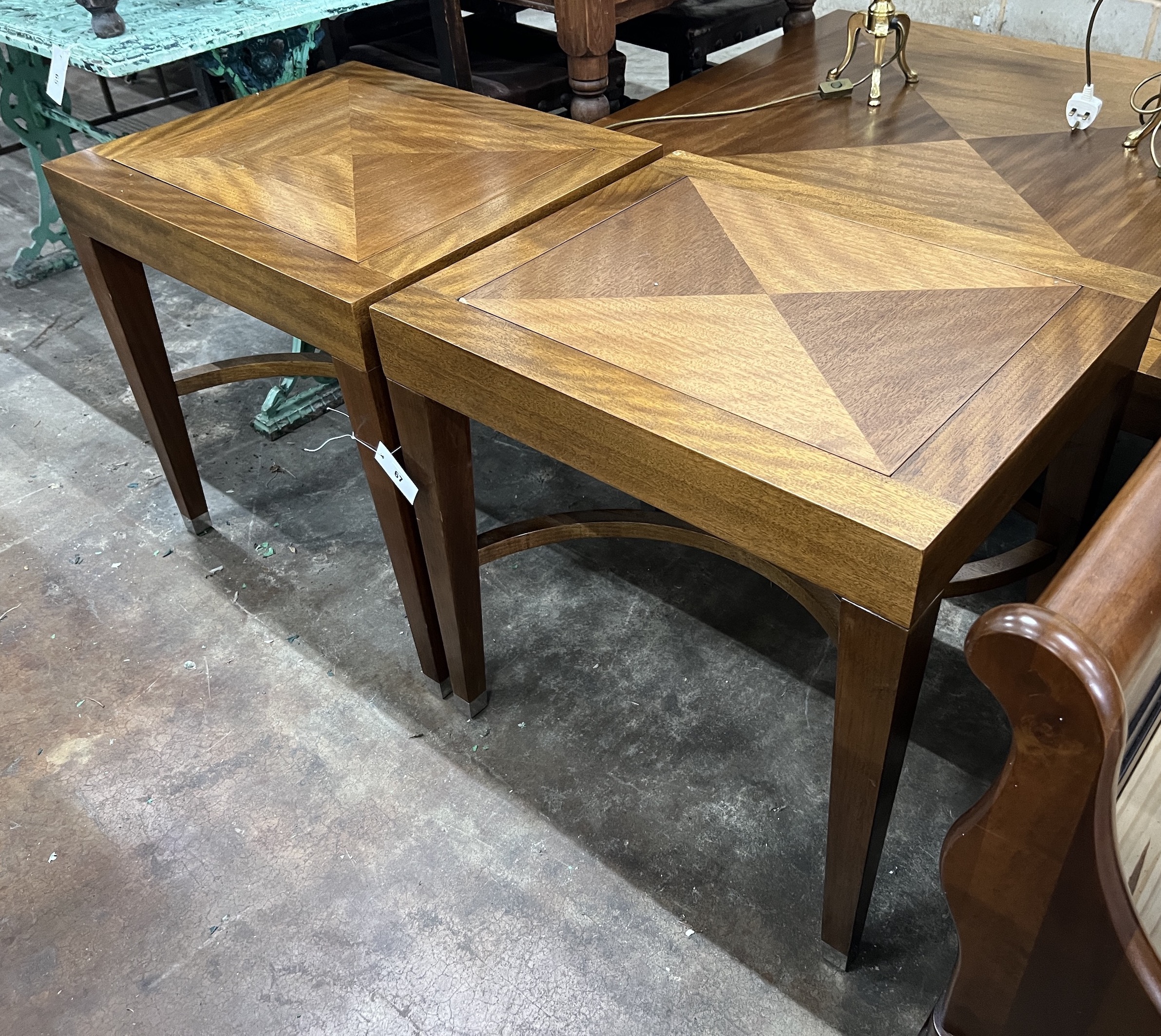 A pair of contemporary South African mahogany rectangular occasional tables, width 60cm, depth 50cm, height 60cm